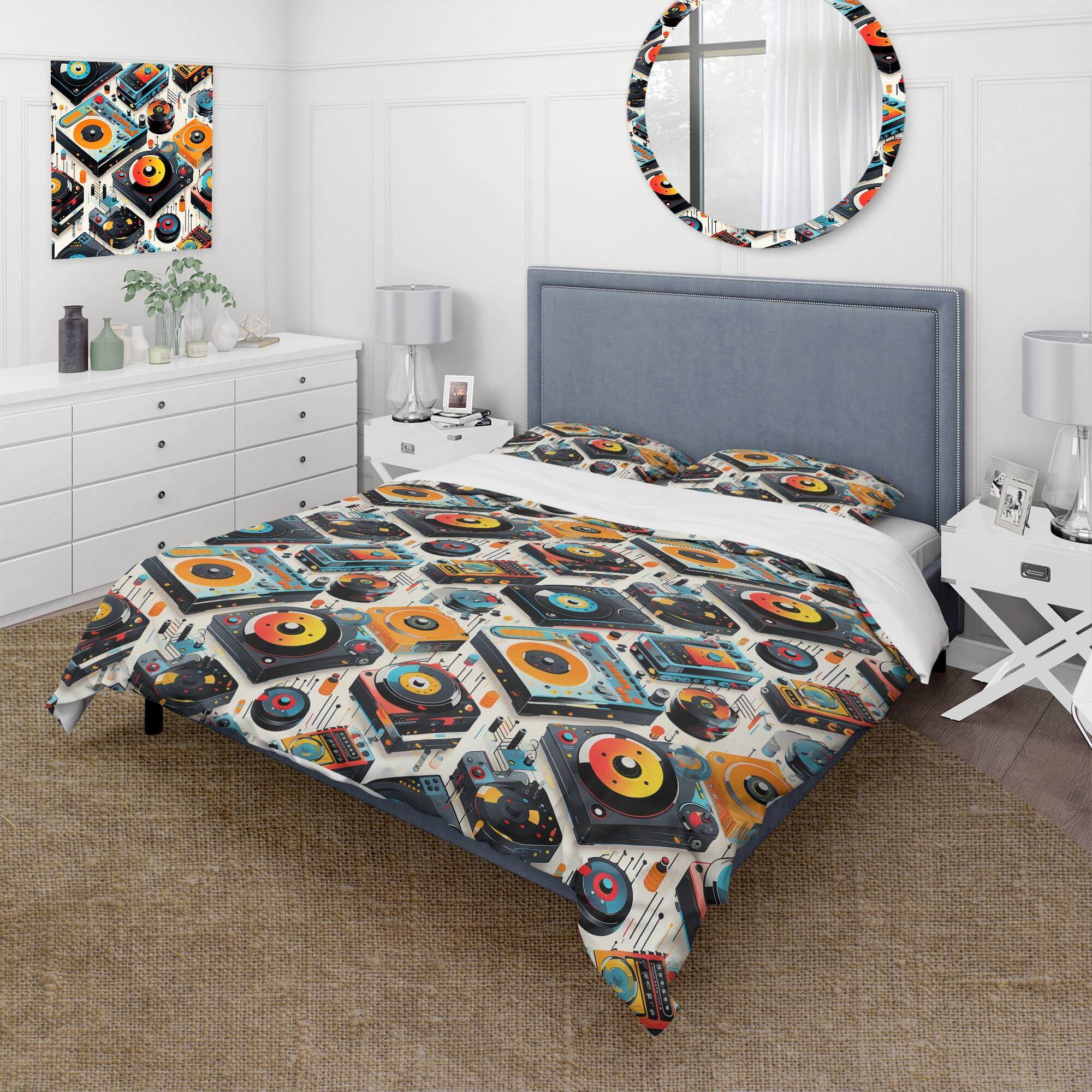 Designart "Turntables Boom Boxes Spots" Yellow Modern Bedding Cover Set